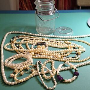 Vintage Ball Jar Filled with Faux Pearl Jewelry Cottagecore Grandmacore